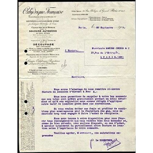 Facture Oxhydrique Francaise Oxygéne Et Hydrogéne Purs Chalumeaux Pyrox