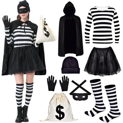 Cauc-Costume De Voleuse Pour Femme, Robber Costume Ensemble - Avec Chapeau, Masque, Chemise, Cape, Jupe, Gants, Portefeuille, Chaussettes Aux Genoux, Thief Costume Pour Carnaval