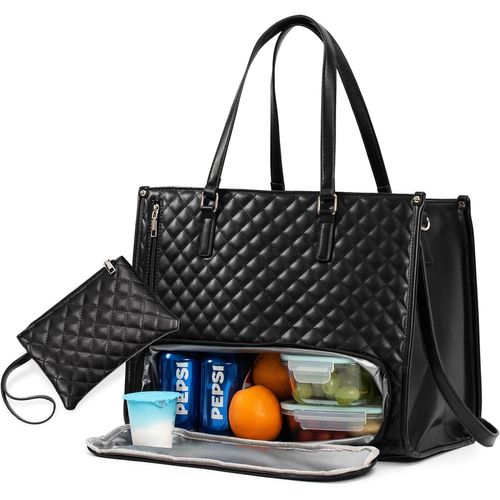 CAUC-Sac Isotherme Femme, Sacoche Ordinateur 15.6 Pouces Cuir PU, Sac Cabas Femme pour Universités, Voyage, Cours Lycee, Cadeau, Noir