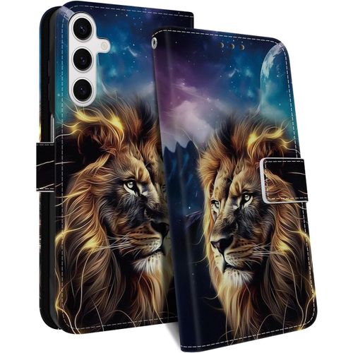 CAUC-Coque pour Samsung Galaxy S24 FE 5G Housse en Cuir PU Premium, Etui à Rabat Pochette Portefeuille Porte Carte Flip Case, Étui de Protection avec Motif Cover pour Samsung S24 FE, Lion
