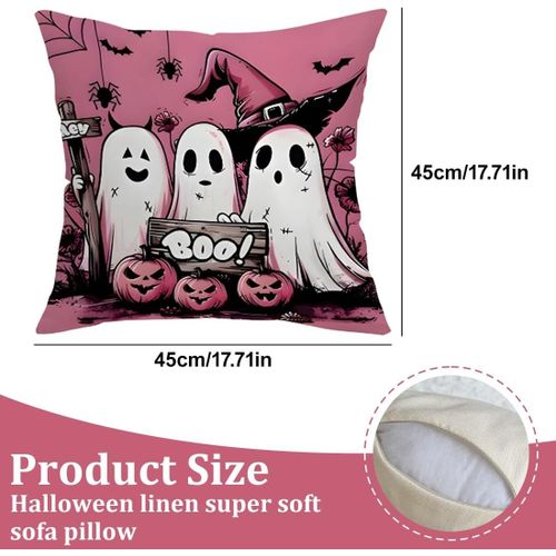 Cauc-Housses De Coussin, 1 Taie D'oreiller Halloween 45 X 45 Cm Motif Fantôme D'halloween Housse De Coussin Rétro Motif Citrouille Chapeau De Sorcière Pêche Pour Canapé-Lit Salon (Rose)