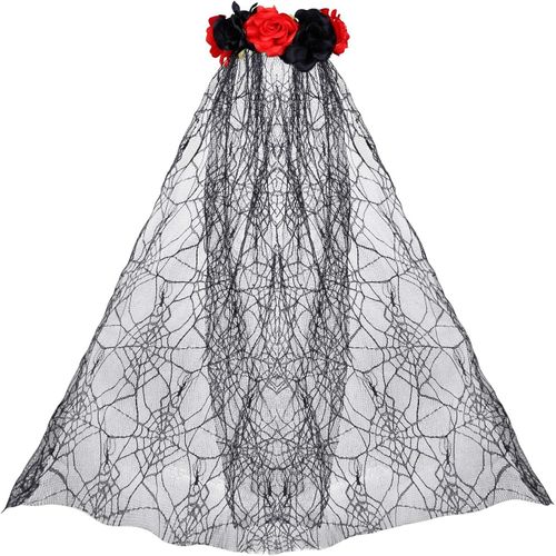 Cauc-Deguisement Halloween Femme, Halloween Bandeau Jour Des Morts Mexicain Avec Rose Voile Serre-Tete Floral Femmes Déguisement Accessoire