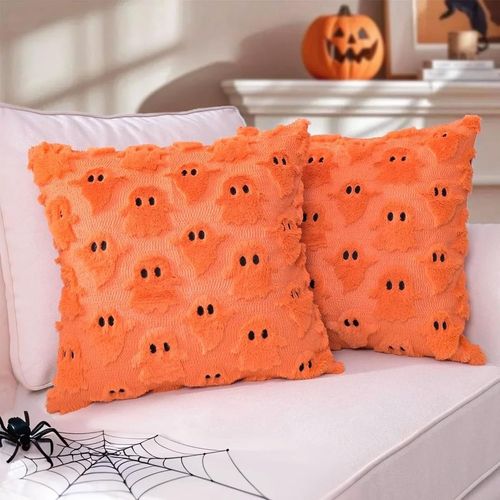 Cauc-Lot De 2 Decorative Housse De Coussin En Motif Fantôme D'halloween, Automne Canapé Taie D'oreiller Douce Pour Maison Salon Chambre Lit Clic Clac 45x45 Cm Orange