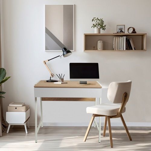 Bureau Pollux 80 X 48 Cm/ Chêne Blanchi Et Métal Blanc/ 84x48x76