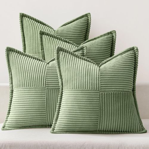 CAUC-Housses de Coussin en Côtelé Lot de 4 Housses de Coussin Patchwork Carrées Décoratives Taie d'oreiller Souple pour Décoration Intérieure Canapé Chambre à Coucher Vert 40x40 cm
