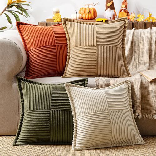 CAUC-Housses de Coussin en Côtelé Lot de 4 Housses de Coussin Patchwork Carrées Décoratives Taie d'oreiller Souple pour Décoration Intérieure Canapé Chambre à Coucher Série Marron Vert 40x40 cm