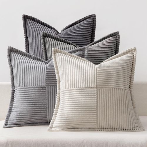 CAUC-Housses de Coussin en Côtelé Lot de 4 Housses de Coussin Patchwork Carrées Décoratives Taie d'oreiller Souple pour Décoration Intérieure Canapé Chambre à Coucher Série Grise 40x40 cm