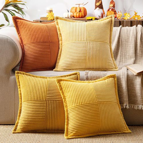 CAUC-Housses de Coussin en Côtelé Lot de 4 Housses de Coussin Patchwork Carrées Décoratives Taie d'oreiller Souple pour Décoration Intérieure Canapé Chambre à Coucher Série Orange 40x40 cm