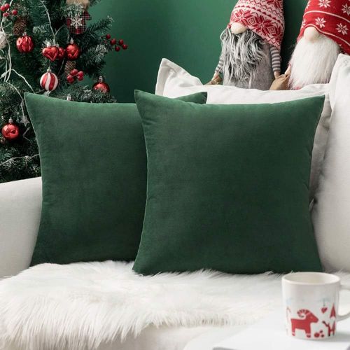 Cauc-Lot De 2 Housses De Coussins De Noël En Velours Décoratif Canapé Taie D'oreiller Super Lisse Doux Confortable Decoration Maison Salon Chambre Pour Canapé 55x55cm Vert Foncé