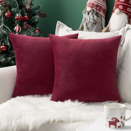 Cauc-Lot De 2 Housses De Coussins De Noël En Velours Décoratif Canapé Taie D'oreiller Super Lisse Doux Confortable Decoration Maison Salon Chambre Pour Canapé 60x60cm Bordeaux