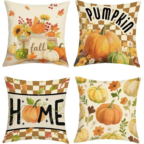 Trahoo-Housse Coussin 45x45 Lot De 4 Automne Citrouille Plaid Beige Taie D'oreiller Tournesols Feuilles Action De Grâce Housse D'oreiller Pour Coussins Canapé Housses Home Décor