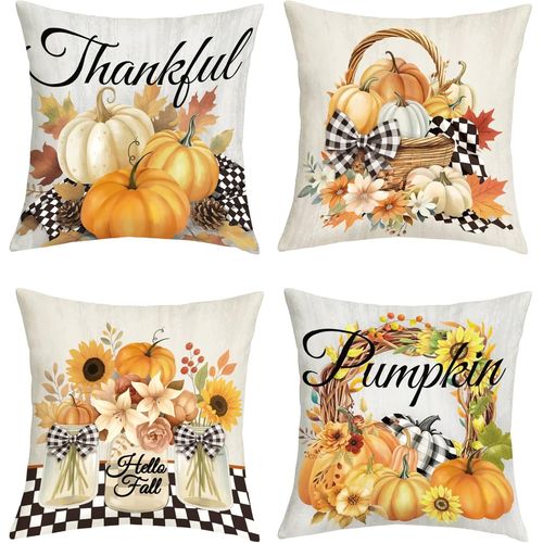 Trahoo-Housse Coussin 40x40 Lot De 4 Automne Citrouille Vintage À Carreau Taie D'oreiller Automne Tournesol Action De Grâce Housse D'oreiller Pour Coussins Canapé Housses Home Décor
