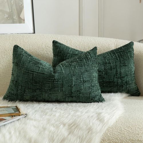 Cauc-Lot De 2 Housses De Coussin En Chenille Douce Design Texturé Noeud De Bambou Décoration Élégante Pour Canapé Lit Ou Salon 30x50 Cm \U200bvert Foncé