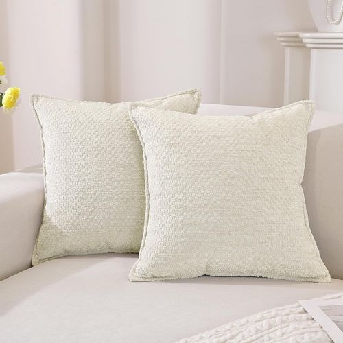 Cauc-Housse Coussin 40x40 Chenille Lot De 2, Doux Velours Housse Coussin Canape Moderne, Cushion Covers Double Face Pour Canapé, Chambre, Lit, Fauteuil De Bureau, Blanc Crème