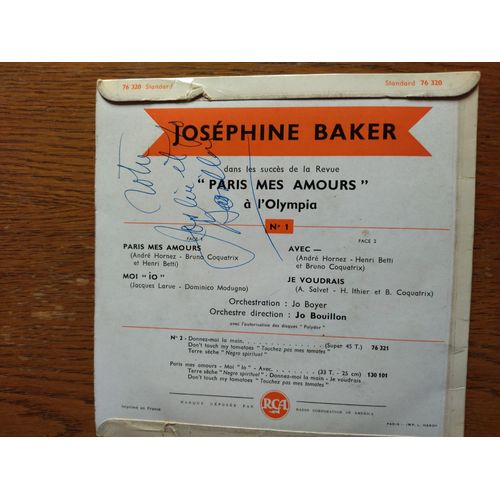 Joséphine Baker 45 Tours Avec Autographe