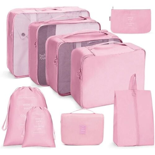 Ensemble de sacs de rangement de voyage Sac de rangement pliant 9 en 1 Trousse de toilette rose