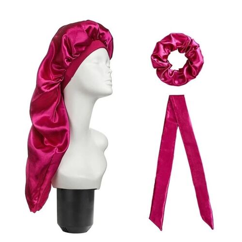 Coffret De Soins Capillaires-3 Pièces Casquette Longue,Turban Et Anneau Pour Cheveux En Rouge Rose-Rose Rouge 