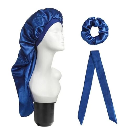 Coffret De Soins Capillaires-3 Pièces Casquette Longue,Turban Et Anneau Pour Cheveux En Bleu-Bleu 