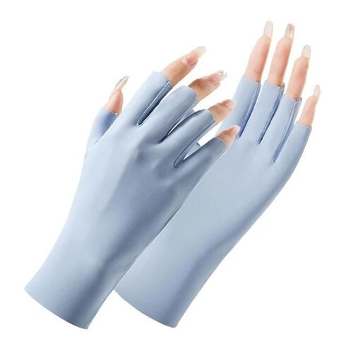 Gants de protection solaire demi-doigt-Soie glacée,2 paires,Femmes,Bleu Bleu