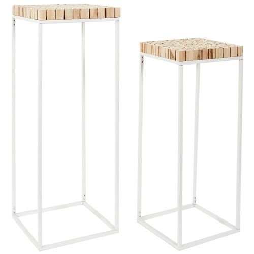 Set De 2 Sellettes Gigognes Effet Rondin De Bois En Bois Et Métal - Blanc Et Marron
