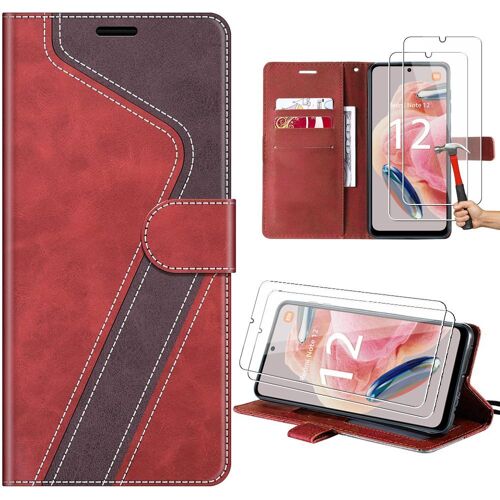Coque + 2 Verres Trempés Pour Xiaomi Redmi Note 12 4g, Protection Folio Effet Cuir Et Support, Rouge (Pas Pour Redmi 12) - E.F.Connection