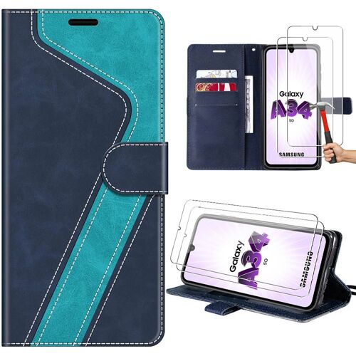 Coque Pour Samsung Galaxy A34 5g + 2 Verres Trempés, Protection Folio En Cuir Pu Et Tpu Avec Support, Design À La Mode - Bleu - E.F.Connection