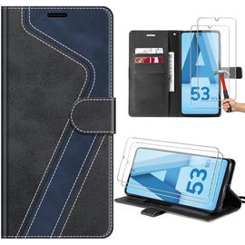 Coque + 2 Verres Trempés Pour Samsung Galaxy A53 5g, Protection À Motif En Cuir Pu Et Tpu Avec Porte-Cartes Et Support, Noir - E.F.Connection