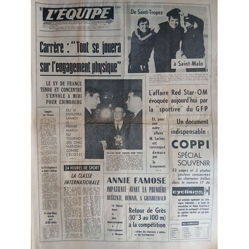 L'Equipe N°7380 Du 08/01/1970 - Carrère - Coppi - Xv De France