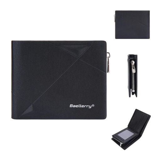 Porte-monnaie zippé en cuir pour hommes-Portefeuille multi-cartes de grande capacité de Noir