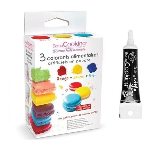 3 Colorants Alimentaires En Poudre Jaune-Rouge-Bleu + Stylo Glaçage Noir