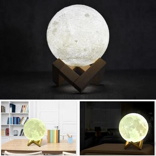 8cm Touch Control Lampe de lune imprimée en 3D,chargement USB Lumière blanche + jaune Lumière LED à économie d'énergie changeante de couleur avec base de support en bois
