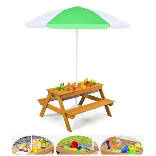 Costway Table Et 2 Bancs Pour 4 Enfants Avec Parasol , 2 Boîtes Pour Sable & Eau, Plateau Amovible, 3-7 Ans