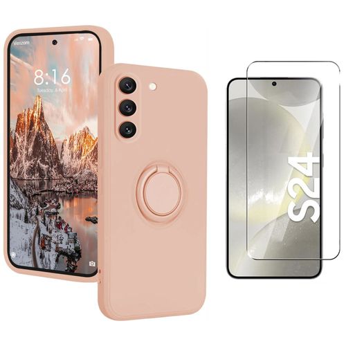 Coque Silicone Pour Samsung Galaxy S24 Couleur Rose Avec Anneau Support + Verre Trempe Protection Ecran Little Boutik©