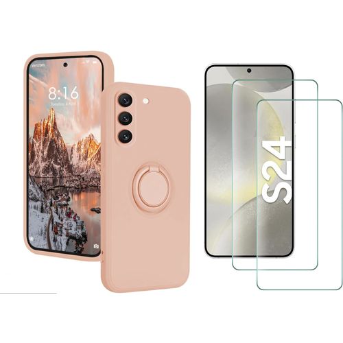 Coque Silicone Pour Samsung Galaxy S24 Couleur Rose Avec Anneau Support + 2 Verres Trempe Protection Ecran Little Boutik©