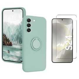 Coque Silicone Pour Samsung Galaxy S24 Couleur Vert Avec Anneau Support + Verre Trempe Protection Ecran Little Boutik©