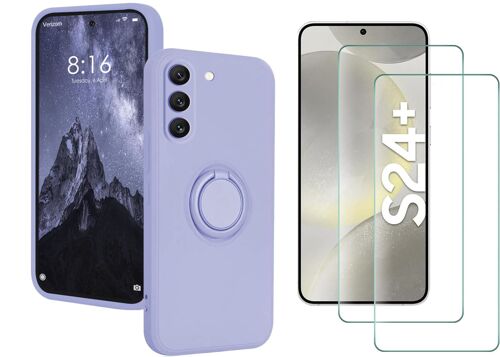 Coque Silicone Pour Samsung Galaxy S24 Plus Couleur Violet Avec Anneau Support + 2 Verres Trempe Protection Ecran Little Boutik©