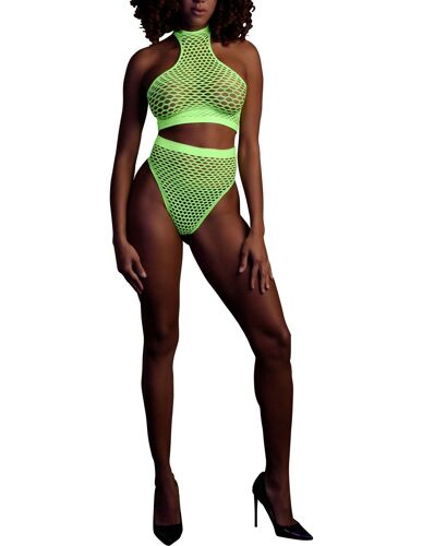Ouch! Glow Ensemble Bustier Et Culotte Filet Vert Fluo