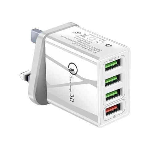 Chargeur Rapide-30w Qc 3.0 Usb + 3 Ports Usb 2.0,,Prise Uk,Blanc Blanc