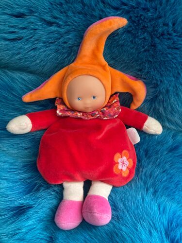 Poupée Chiffon Hochet Rouge Collerette Fleurs Bonnet Orange Corolle 25 Cm