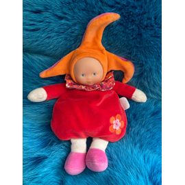 Poupée Chiffon Hochet Rouge Collerette Fleurs Bonnet Orange Corolle 25 Cm