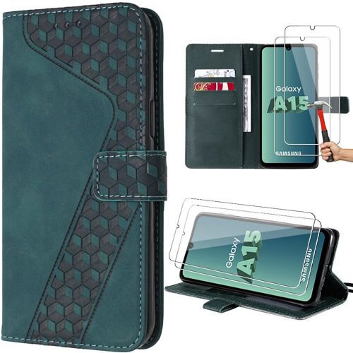 Coque Pour Samsung Galaxy A15 5g/4g Avec 2 Verres Trempés, Cuir Pu Vert Avec Fentes Pour Cartes Et Support, Motif Isométrique - E.F.Connection