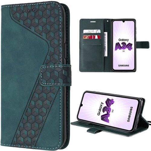 Coque pour Samsung Galaxy A34 5G, Protection Antichoc en Cuir PU avec Porte-Cartes et Support, Design Géométrique - Vert - E.F.Connection