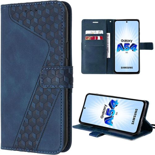 Coque pour Samsung Galaxy A54 5G, Bleu Marine, Pliable en Cuir PU avec Poche à cartes et Support, Motif Isométrique - E.F.Connection