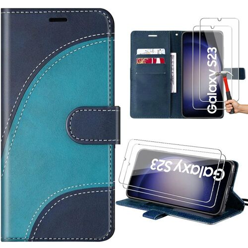 Coque + 2 Verres Trempés Pour Samsung Galaxy S23, Bleu, Effet Cuir À Motif Vague Epissée Anti-Rayures - E.F.Connection