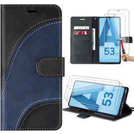 Coque Pour Samsung Galaxy A53 5g + 2 Verres Trempés, Protection Cuir Synthétique Motif Vague Noir/Bleu Marine - E.F.Connection