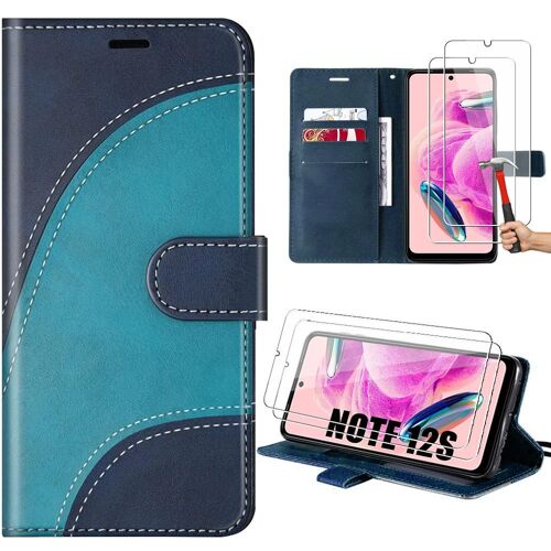 Coque Pour Xiaomi Redmi Note 12s Avec 2 Verres Trempés, Bleu, Etui Folio Effet Cuir Motif Vague Avec Support (Pas Pour Note 12) - Booling
