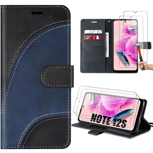 Coque Pour Xiaomi Redmi Note 12s Avec 2 Verres Trempés, Noir, Etui Pliable À Motif Vague Effet Cuir Avec Béquille (Pas Pour Note 12) - Booling