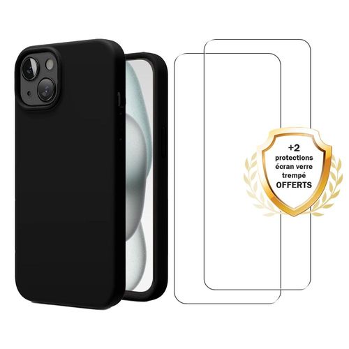 Coque Iphone 15 Silicone Liquide Noire + 2 Vitres En Verre Trempé Protection Écran Antichocs Evetane
