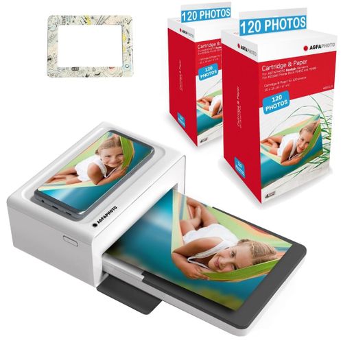 AGFA PHOTO Pack Imprimante Realipix Moments + Cartouche 240 photos 10x15 cm + Joli cadre magnétique - Bluetooth - Blanc - Blanc