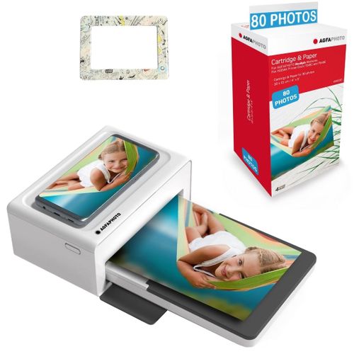 AGFA PHOTO Pack Imprimante Realipix Moments + Cartouche 80 photos 10x15 cm + Joli cadre magnétique - Bluetooth - Blanc - Blanc